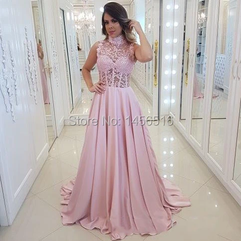 High Neck Pink Prom Dresses 2019 Sheer Bead Lace Boning Evening Gowns See Through Cocktail Party Ball Dress Formal Gown (4)