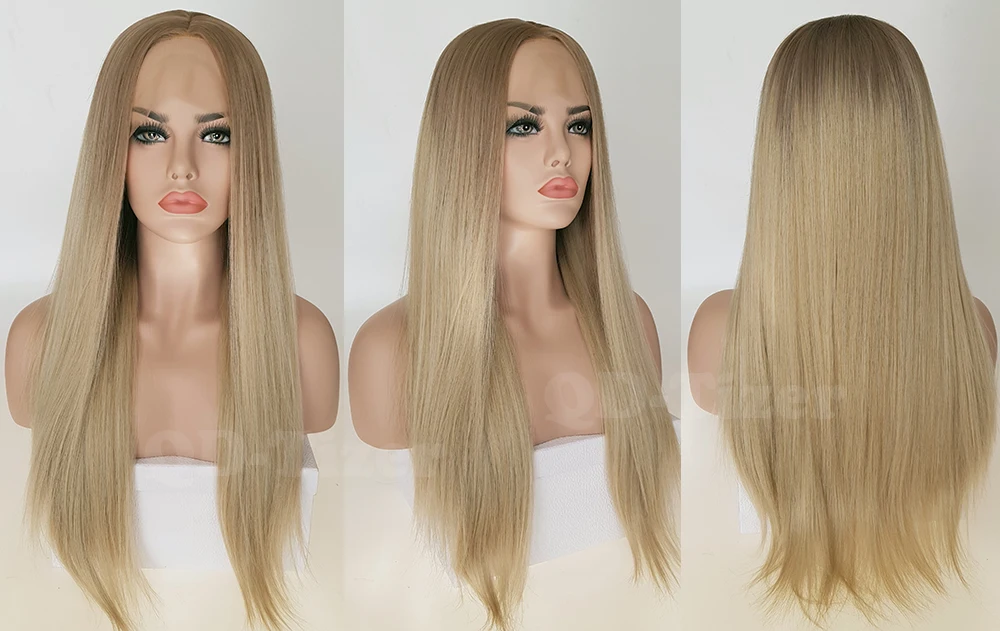 QD-Tizer Blonde Hair Long Silky Straight Ombre Blonde Color Lace Front Wig Glueless Dark Root Synthetic Lace Front Wigs6