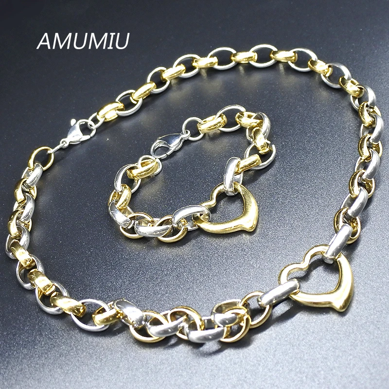 AMUMIU новые женские модные ювелирные изделия звено сердца цепочка ожерелье браслет наборы золотой цвет серебряный цвет оптовая продажа высокое качество HZTZ103C
AMUMIU новые женские модные ювелирные изделия звено сердца цепочка ожерелье браслет наборы золотой цвет серебряный цвет оптовая продажа высокое качество HZTZ103C