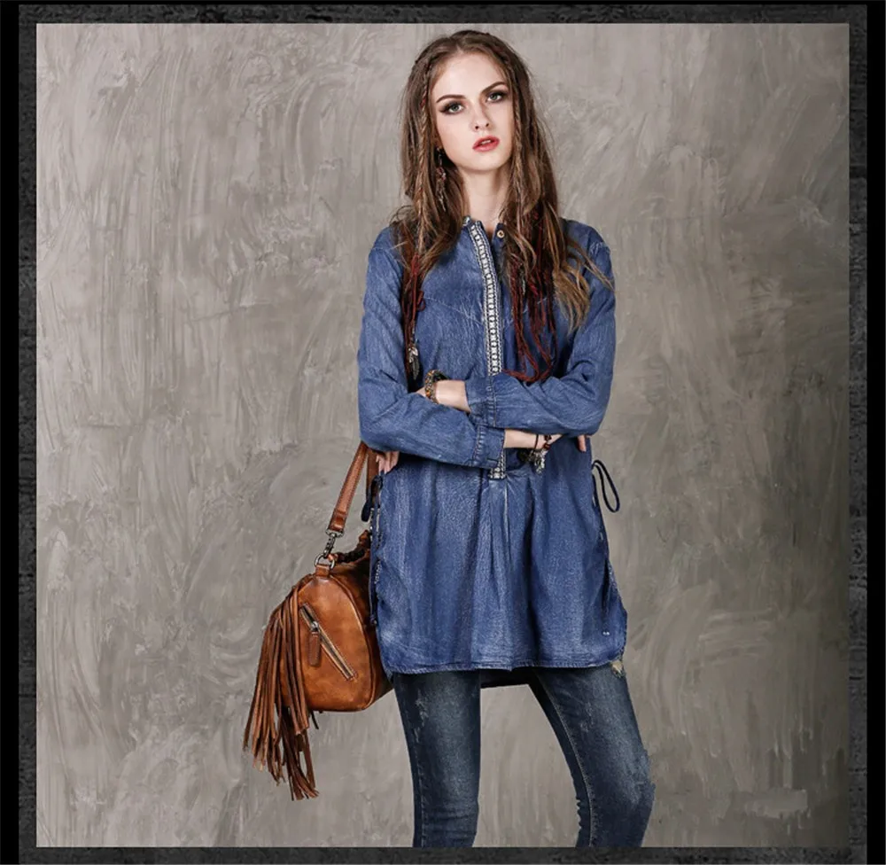 Vintage Loose Cow-Girl Blouse Boho Denim Women Blouses Long Sleeve O-Neck Blouse Women Embroidery Shirt Loose Blusas Feminina (6)