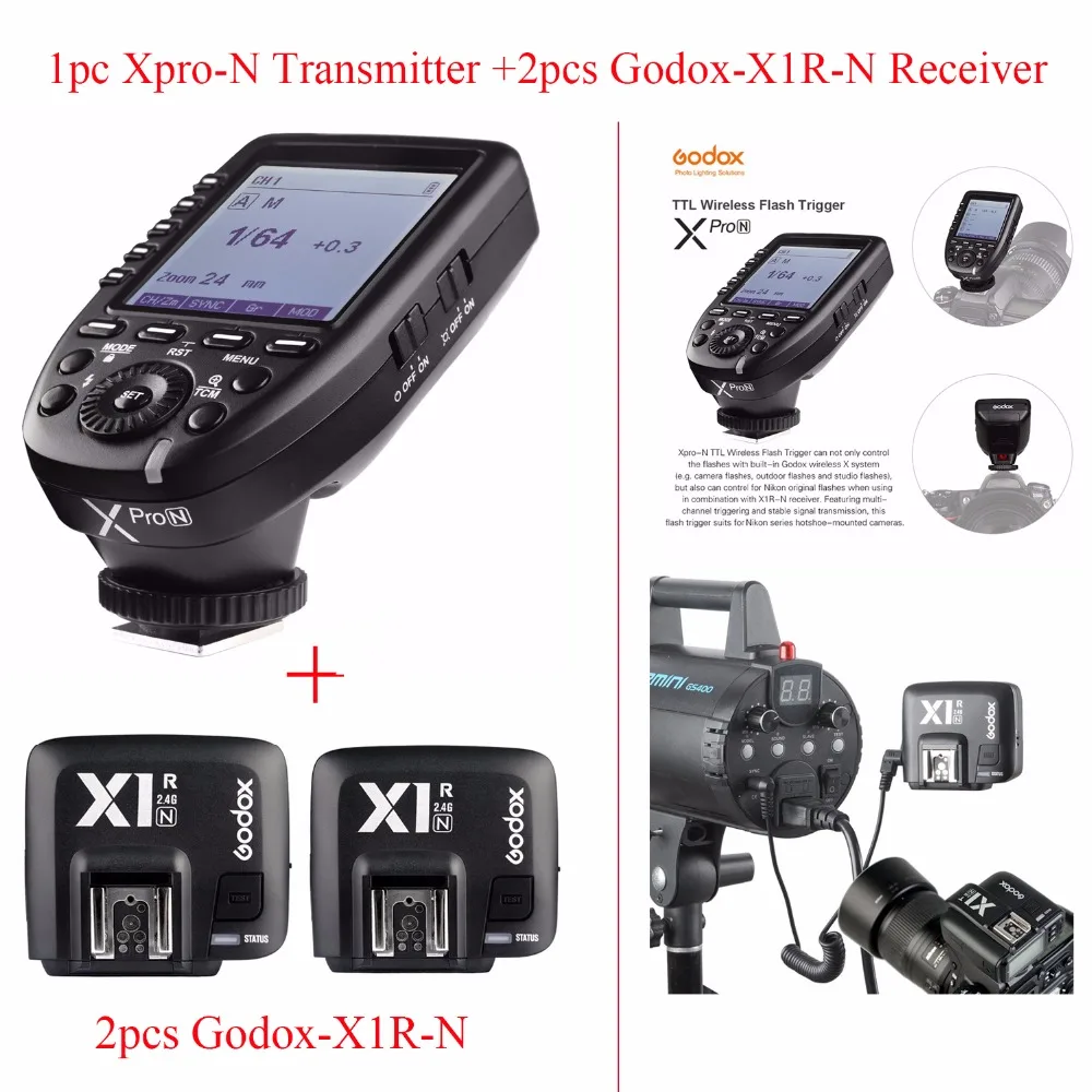 Godox Xpro-N TTL 2.4G Wireless 1/8000s HSS Flash Trigger for Nikon DSLR, Godox Xpro-N Transmitter + 2pcs Godox-X1R-N Receiver
Godox Xpro-N TTL 2.4G Wireless 1/8000s HSS Flash Trigger for Nikon DSLR, Godox Xpro-N Transmitter + 2pcs Godox-X1R-N Receiver