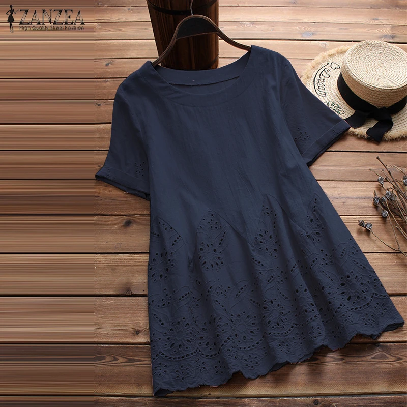 2019 ZANZEA Summer Elegant Women O Neck Short Sleeve Blouse Hollow Out Solid Loose Top Casual Cotton Linen Shirt Ruffles Blusas
2019 ZANZEA Summer Elegant Women O Neck Short Sleeve Blouse Hollow Out Solid Loose Top Casual Cotton Linen Shirt Ruffles Blusas