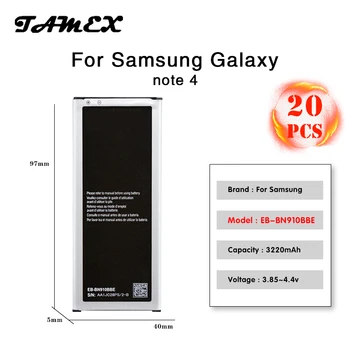 20PCS For Samsung Galaxy note 4 Battery EB-BN910BBE EB-BN910BBU High Capacity Replacement N910A N910U N910F N910H akku 3220mah
20PCS For Samsung Galaxy note 4 Battery EB-BN910BBE EB-BN910BBU High Capacity Replacement N910A N910U N910F N910H akku 3220mah