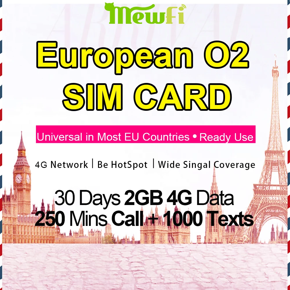 Mewfi O2 Europe Travel Sim Card 30 Days 2GB High-Speed 4G Data+250 Mins Call+Unlimited SMS Triple Card Mobile Phone Sim Card
Mewfi O2 Europe Travel Sim Card 30 Days 2GB High-Speed 4G Data+250 Mins Call+Unlimited SMS Triple Card Mobile Phone Sim Card