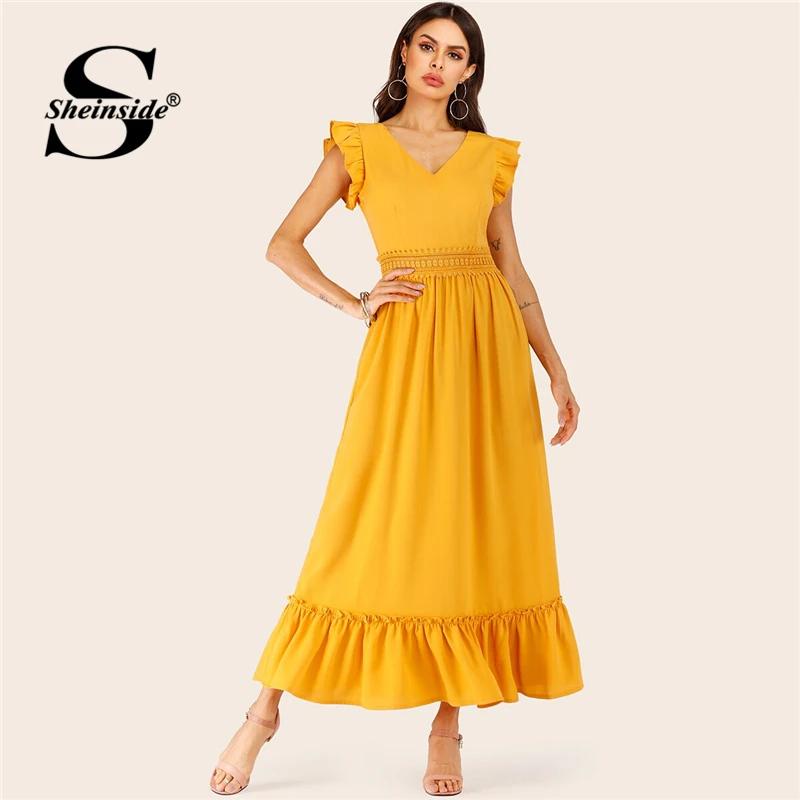 Sheinside Ginger Elegant Lace Panel Ruffle Hem Dress Women 2019 Summer V neck Maxi Dresses Ladies Solid High Waist Boho Dress
Sheinside Ginger Elegant Lace Panel Ruffle Hem Dress Women 2019 Summer V neck Maxi Dresses Ladies Solid High Waist Boho Dress