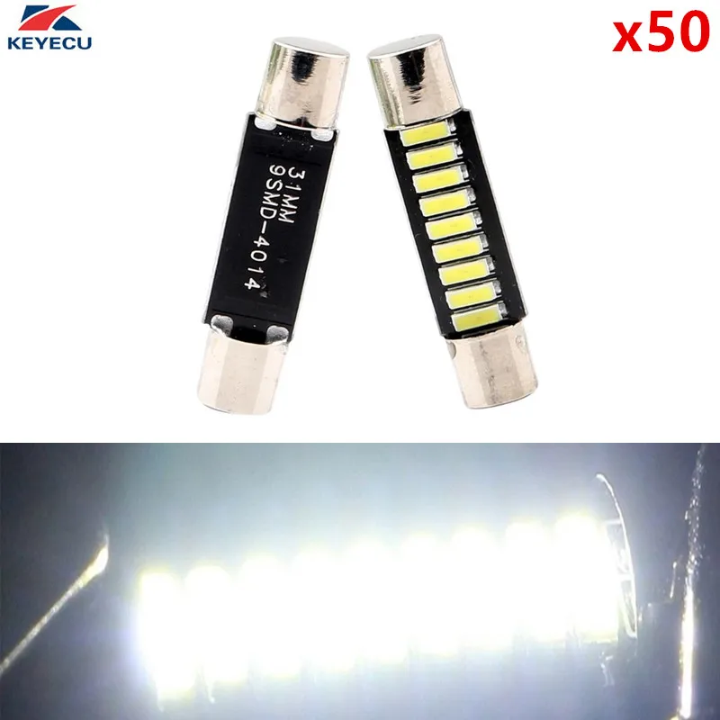 KEYECU 50 шт. супер яркий белый 12 в 6000 К 31 мм 4014 9 SMD LED Зеркальный предохранитель
