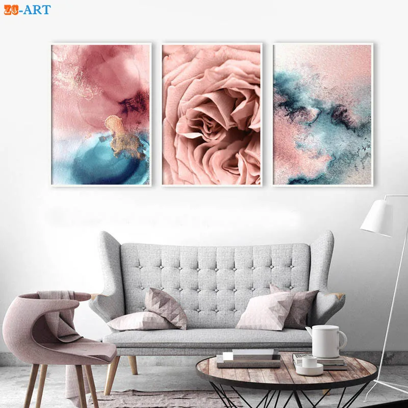 Blue Pink Abstract Print Watercolor Painting Blush Pink