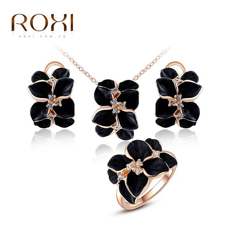 ROXI Black Flower Crystal Stud Earrings/Chain Necklace/Ring Rose Gold Color Wedding Jewelry Set Romantic Wedding Gift
ROXI Black Flower Crystal Stud Earrings/Chain Necklace/Ring Rose Gold Color Wedding Jewelry Set Romantic Wedding Gift