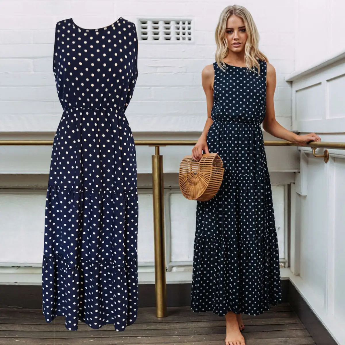 Summer Bohemian Sweet Causal Women Ladies Dress Sleeveless Dot Print Blue High Waist Ankle-Length Dress Sundress
Summer Bohemian Sweet Causal Women Ladies Dress Sleeveless Dot Print Blue High Waist Ankle-Length Dress Sundress