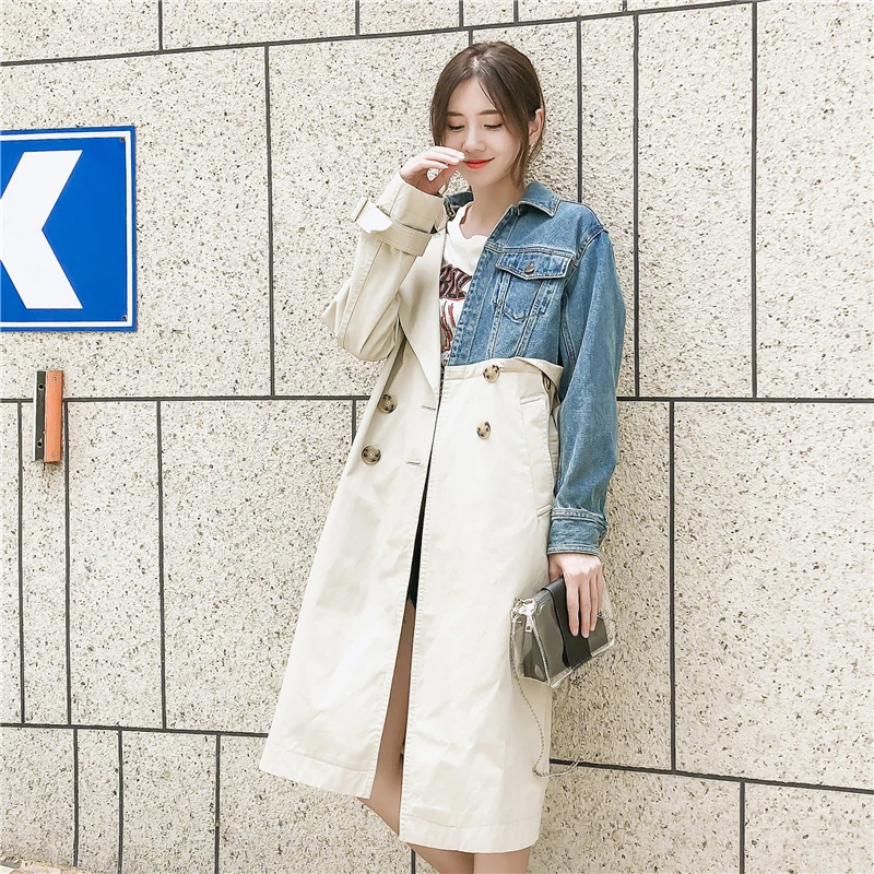 Trench Women Denim Woven Patch Work Wide-waisted Double Breasted Pockets Turn-down Collar for Female Clothing
Trench Women Denim Woven Patch Work Wide-waisted Double Breasted Pockets Turn-down Collar for Female Clothing