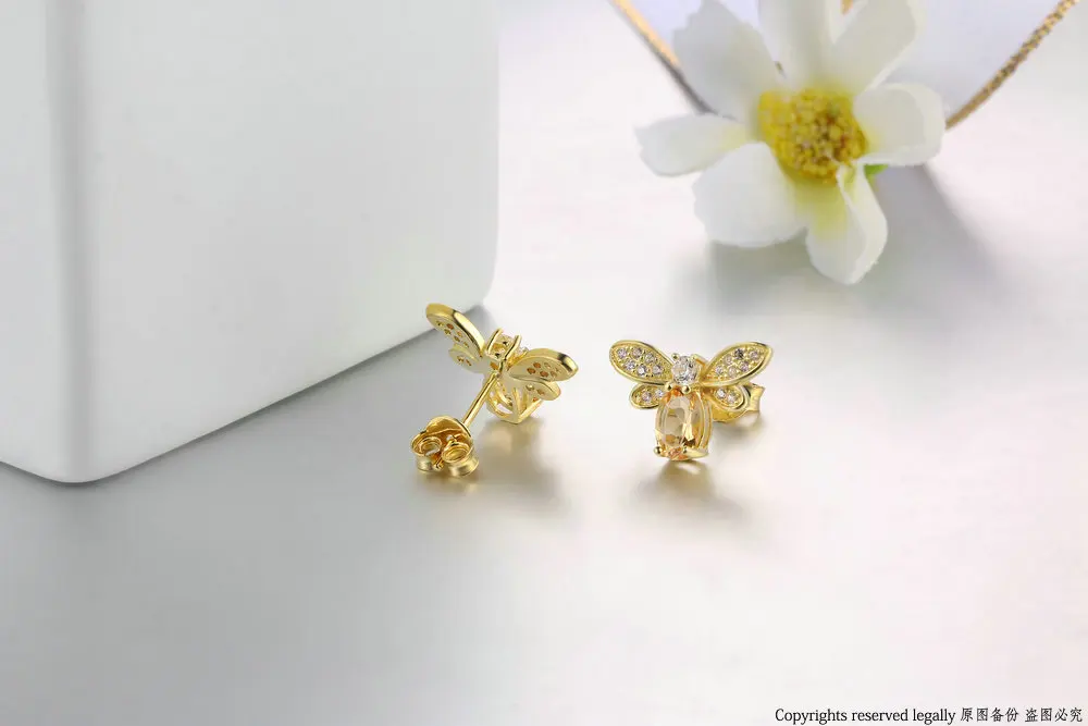 MoBuy MBEI041 Natural Citrine Lovely Bee Stud Earrings 925 Sterling Silver Jewelry 14K Yellow Gold Plated Fine Jewelry For Women 10