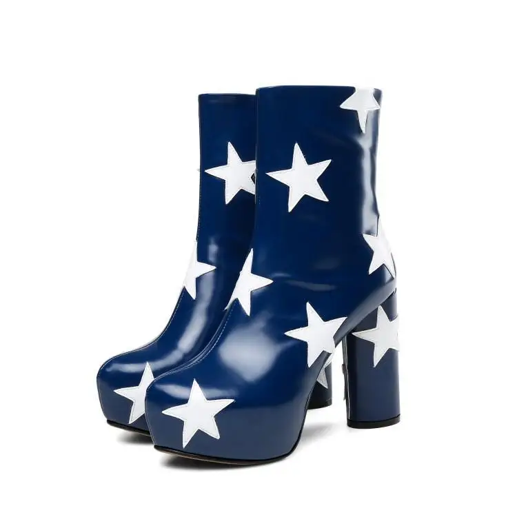 Luxury Printing Star Blue Black Leather Ankle Boots For Women Round Toe High Square Heels Botas Mujer Platform Brand Shoes Woman
Luxury Printing Star Blue Black Leather Ankle Boots For Women Round Toe High Square Heels Botas Mujer Platform Brand Shoes Woman
