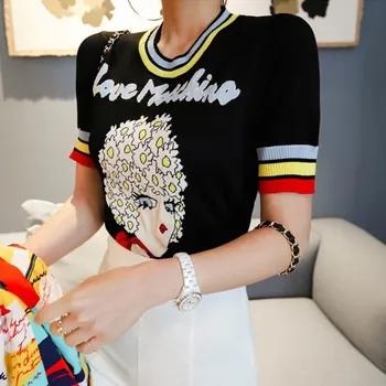 Casual Women Knitted Top Striped Round Neck Short Sleeve Letters Pattern Summer Top Girls Pullover Sweater Top Female Clothing
Casual Women Knitted Top Striped Round Neck Short Sleeve Letters Pattern Summer Top Girls Pullover Sweater Top Female Clothing