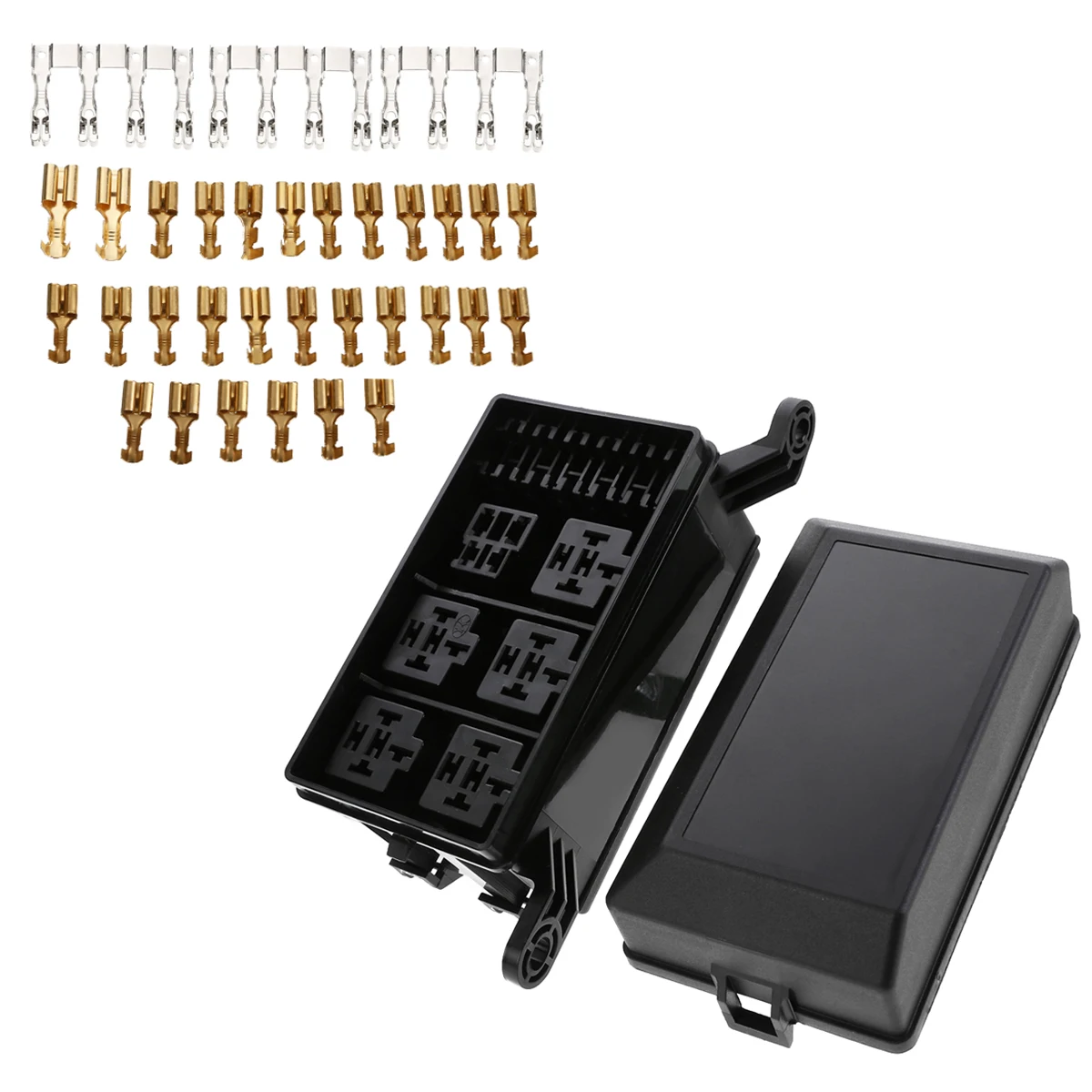 6 Relays 6 ATC/ATO Standard Fuses Holder Block 12-Slot Relay Box with 41pcs Metallic Pins Universal for Automobiles Motorcycles
6 Relays 6 ATC/ATO Standard Fuses Holder Block 12-Slot Relay Box with 41pcs Metallic Pins Universal for Automobiles Motorcycles