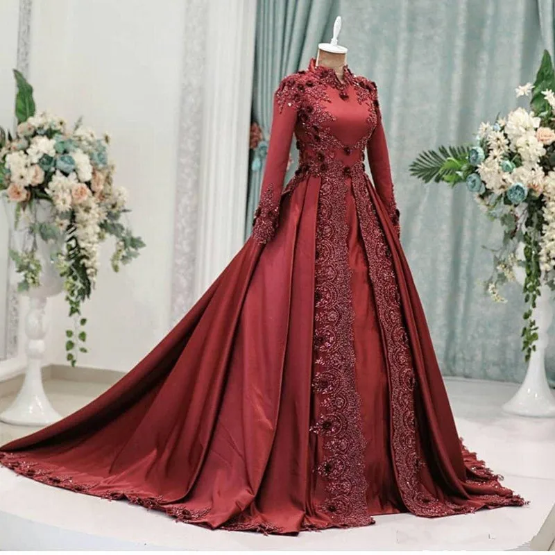 Dark Red Arabic Muslim Evening Dresses With Long SleeveLace 3D Floral Applique Beading Court Train Vestidos De Fiesta Hihg Neck
Dark Red Arabic Muslim Evening Dresses With Long SleeveLace 3D Floral Applique Beading Court Train Vestidos De Fiesta Hihg Neck