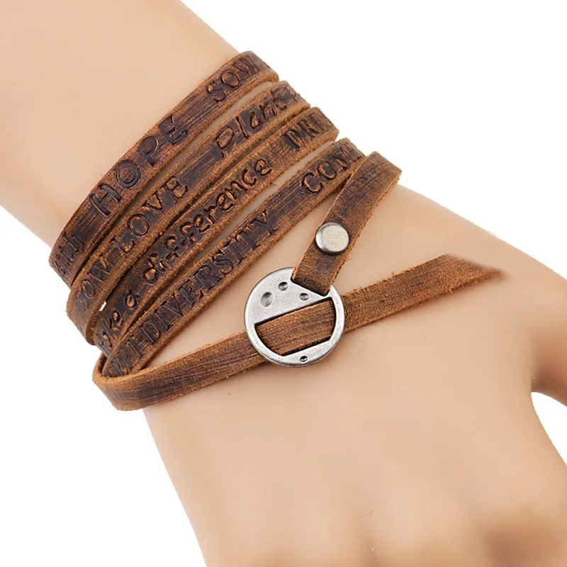 Bohemian Style Jewelery Multilayer Wrap Genuine Bracelet for Men and Women Embossing Letter Bracelet
Bohemian Style Jewelery Multilayer Wrap Genuine Bracelet for Men and Women Embossing Letter Bracelet