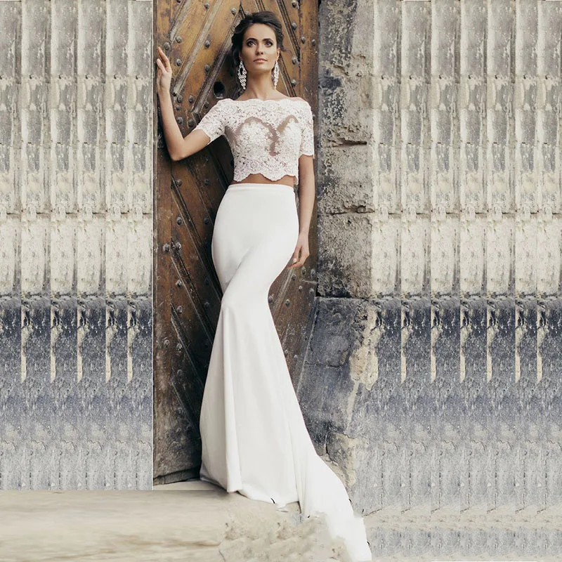 LORIE Two Piece Wedding Dress Boho Boat Neck Appliques Lace Short Sleeve Bride Dress Mermaid Wedding Gown Free Shipping 2019
LORIE Two Piece Wedding Dress Boho Boat Neck Appliques Lace Short Sleeve Bride Dress Mermaid Wedding Gown Free Shipping 2019