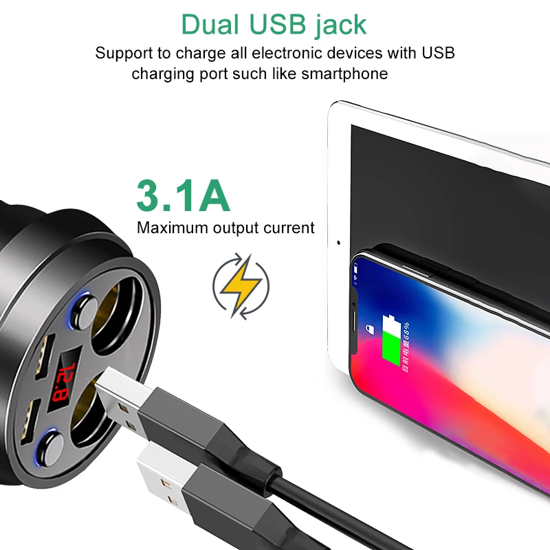 Car Charger 2 USB DC/5V 3.1A Cup Power Socket Adapter Cigarette Lighter Splitter Mobile Phone Chargers With Voltage LED Display