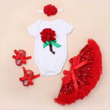 

4PCs per Set Baby Girls Flower Romper Sequin Polka Dots Petti Tutu Skirt Flower Headband Shoes for 0-24months