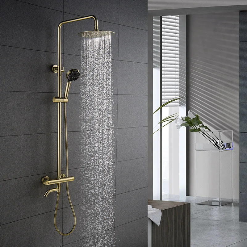 Brushed Gold Color Bathroom Thermostatic Control Shower Faucet Set Wall Mounted Round Design Rain Shower Head Brass Material
Brushed Gold Color Bathroom Thermostatic Control Shower Faucet Set Wall Mounted Round Design Rain Shower Head Brass Material