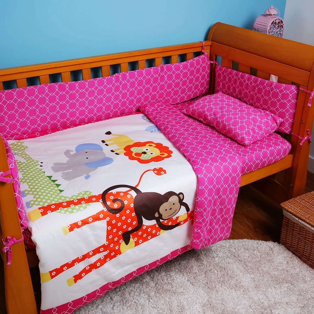 Lovely Jungle Animals 6pcs Printed Crib Bedding For Girl All