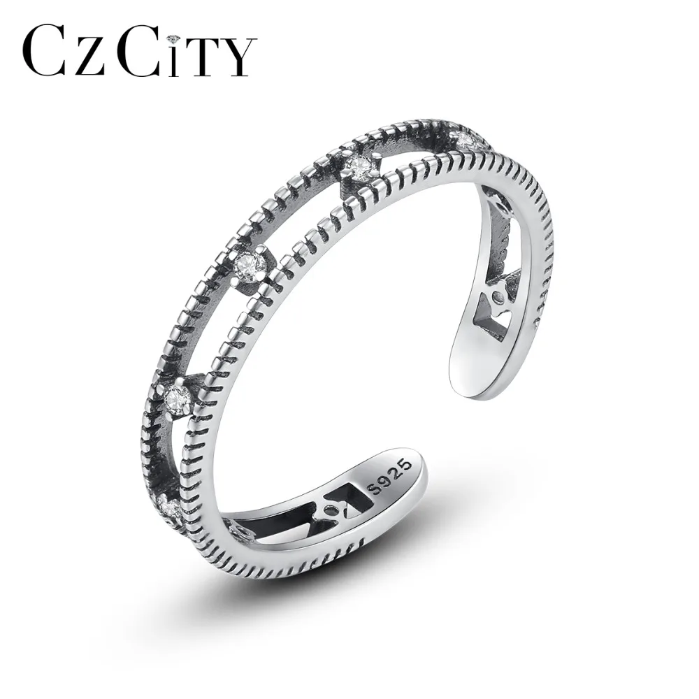 

CZCITY Authentic 925 Silver Sterling Simple Vintage Tiny Zircon Open Rings for Women Carving 925 Punk Style Rings Fine Jewelry
