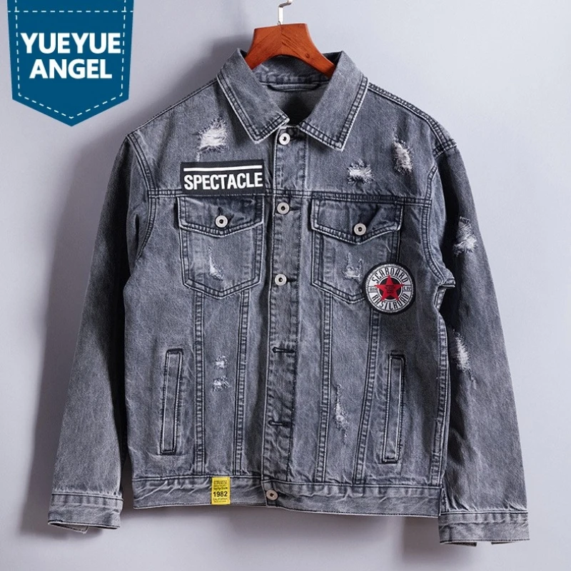 Spring Autumn Mens Jacket High Street Hole Ripped Long Sleeve Denim Coat Casual Street Loose Single Breasted College Jackets
Spring Autumn Mens Jacket High Street Hole Ripped Long Sleeve Denim Coat Casual Street Loose Single Breasted College Jackets