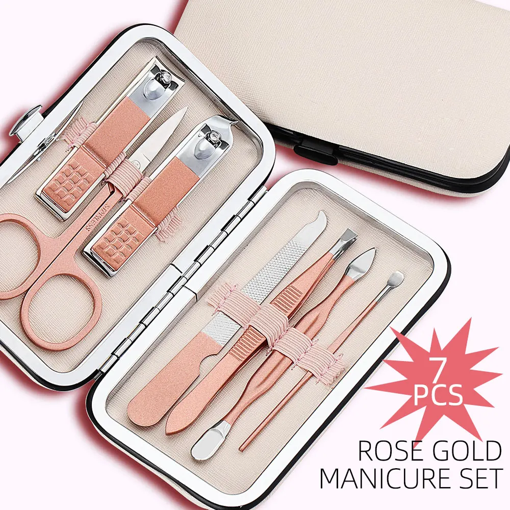 

7pcs/set Rose Gold Stainless Steel Nail Cuticle Pusher Clipper Scissor Nipper Tweezer Picker DIY Manicure Nail Art Tools Kits