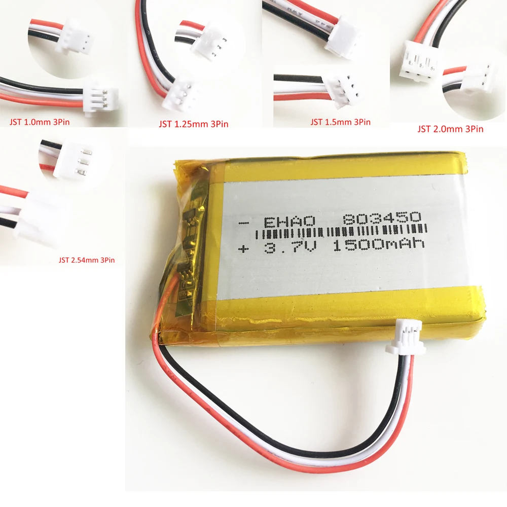 3.7V 1500mAh Lithium Polymer Lipo Rechargeable Battery JST 1.0/1.25/1.5/2.0/2.5mm 3pin connector For mobile phone DVD 803450
3.7V 1500mAh Lithium Polymer Lipo Rechargeable Battery JST 1.0/1.25/1.5/2.0/2.5mm 3pin connector For mobile phone DVD 803450