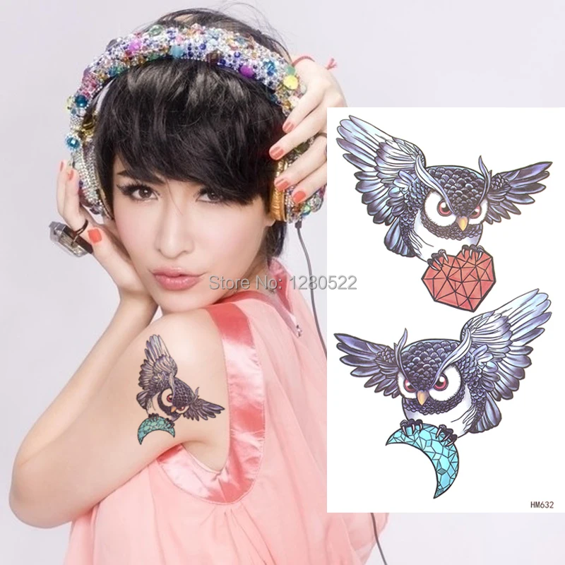 1pcs Owl moon diamond 3D Tattoo Sticker Arm Body tattoo Art Tatuagem Temporaria men Women | Красота и здоровье