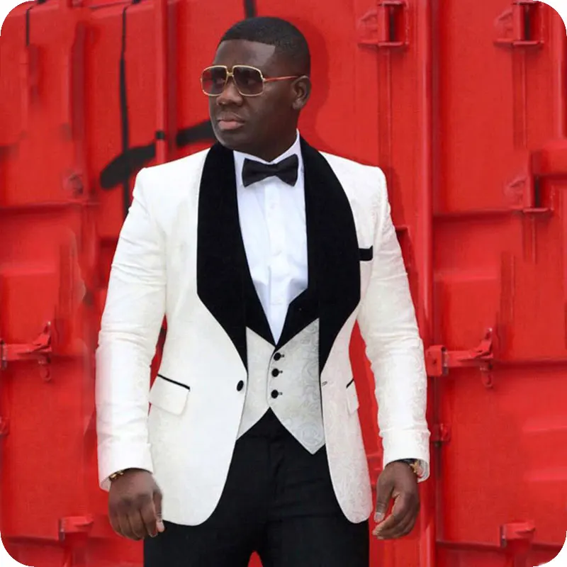 White Pattern Floral Men Suits Wedding for Man Blazer Jacket 3Piece Pants Vest Groomsmen Suit Groom Tuxedo Terno Masculino | Мужская