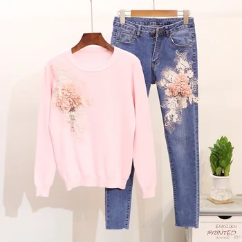 Embroidery Knitted Sweater Jeans Pants Women Set 2pcs Spring Autumn Fashion Sequins Long sleeve Tops Beading Denim Trousers Suit 
Embroidery Knitted Sweater Jeans Pants Women Set 2pcs Spring Autumn Fashion Sequins Long sleeve Tops Beading Denim Trousers Suit