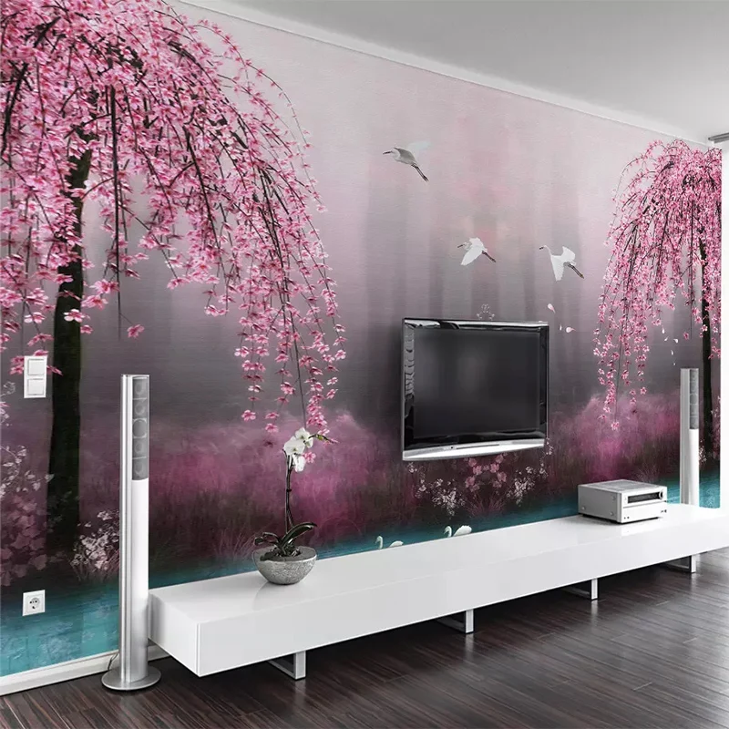 

Custom Murals Wallpaper 3D Pink Cherry Blossom Swan Lake Scenery Photo Wall Papers Living Room TV Sofa Bedroom Background Wall