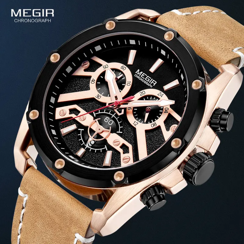 

MEGIR Quartz Watches Men 24 Hours Chronograph Wristwatch Man Top Brand Luxury Relogios Masculinos Clock Leather Watch 2120 Rose