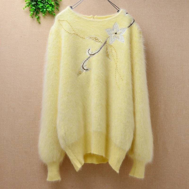 Women winter top quality floral vintage beading angora rabbit fur knitting loose o-neck long lantern sleeves pullover sweater
Women winter top quality floral vintage beading angora rabbit fur knitting loose o-neck long lantern sleeves pullover sweater