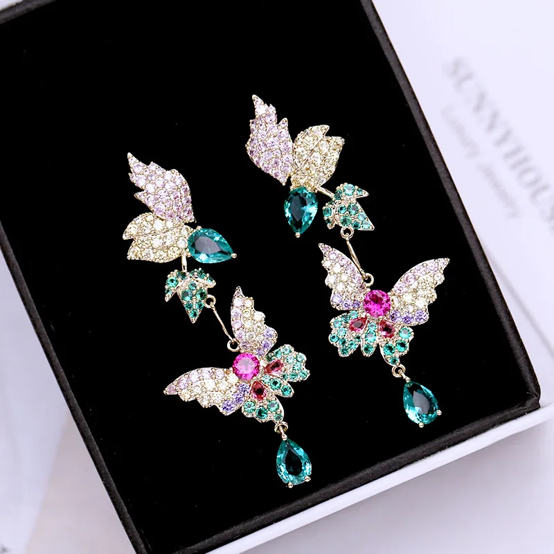 

High Quality Trendy Butterfly Waterdrop Colorful Cubic Zircon Rhinestone Drop Long Dangle Earrings Women Fashion Jewelry YEA327