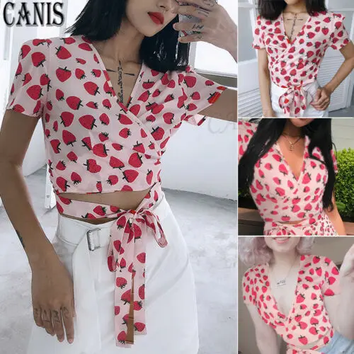Summer New Causal Sweet Women Girl Strawberry Print Short Sleeve V-neck Bandage Crop Tops T-shirt Summer Party Club Holiday Tees
Summer New Causal Sweet Women Girl Strawberry Print Short Sleeve V-neck Bandage Crop Tops T-shirt Summer Party Club Holiday Tees