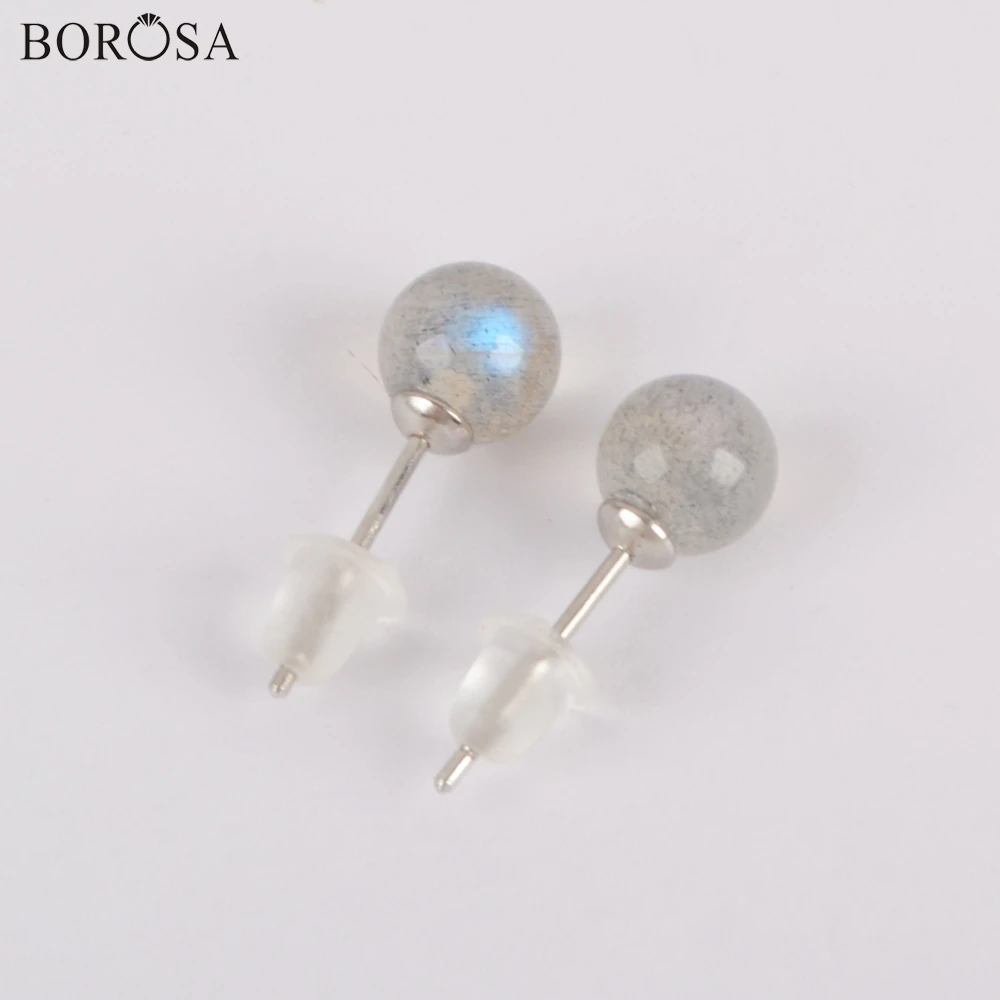 

BOROSA 10Pairs Fashion 92.5% Pure Silver Color 6mm Round Natural Labradorite Stud Earrings Jewelry for Wholesale WX1155