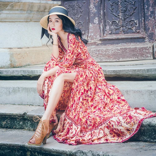 Women Fashion Dress V-neck High Slit Floral Bohemian Dress High Quality Three-quarters Sleeve Maxi Dress Femme Vestidos Robe
Women Fashion Dress V-neck High Slit Floral Bohemian Dress High Quality Three-quarters Sleeve Maxi Dress Femme Vestidos Robe