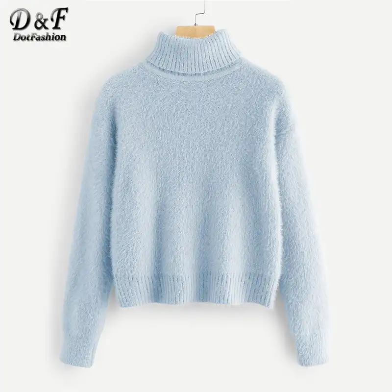 Dotfashion ブルーロールアップネック固体ファジージャンパー
