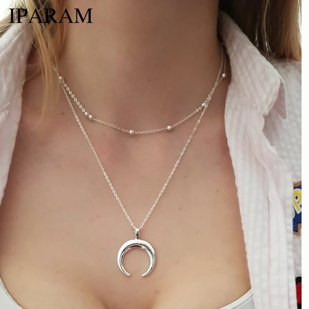 

2019 New Fashion 2 Layers Chain Necklace Horn Necklace Crescent Moon Necklace Boho Jewelry Minimal Girlfriend Gift