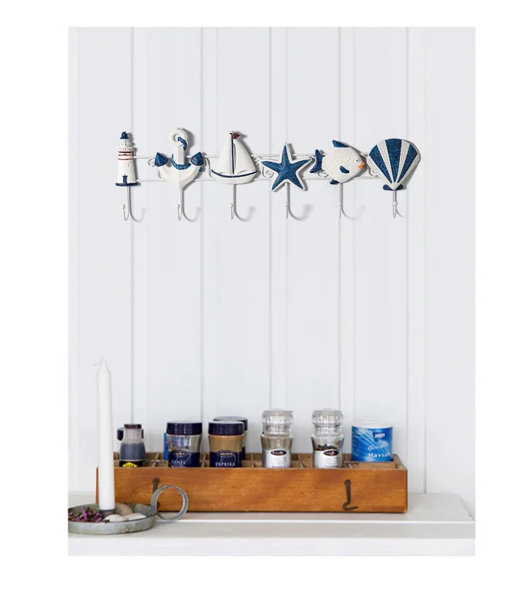 Waliicorners style coat hook creative wooden 6 hooks Ocean home starfish shell sailing seabird hooks decorative practical 14
