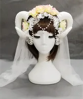 Handmade Lolita Fancy Dress Sheep Horns Headband With Rose Flowers Lace Veil Halloween Headwear Costume accessory Punk image