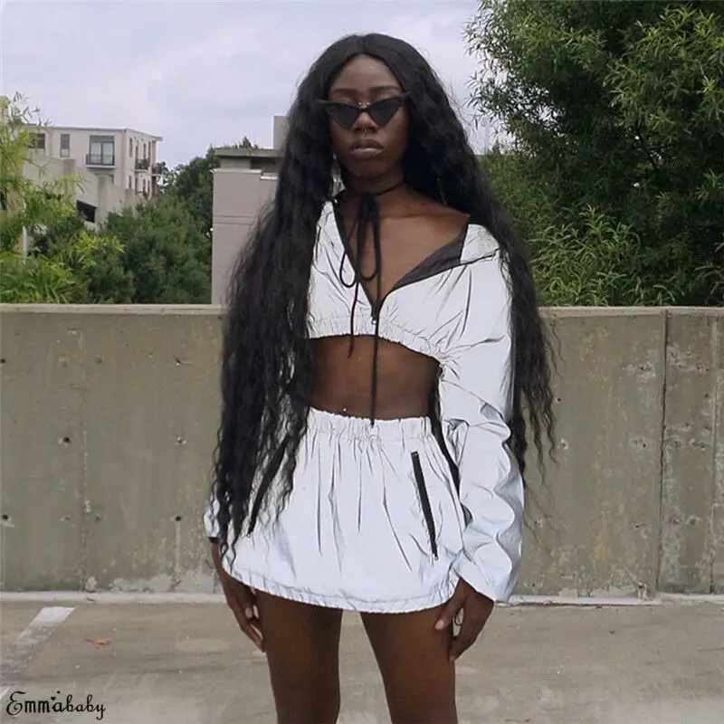 New Women Fashion Pullover Bodycon Femmes Sports Clothing Set Suit Reflective Zip Short Crop Top Skirt Sets Clubwear Party |