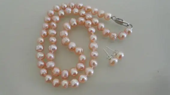 Charming Natural Pearl Jewellery Set Pink Color 7-8mm Real Freshwater Necklace Earrings New Free Shipping | Украшения и