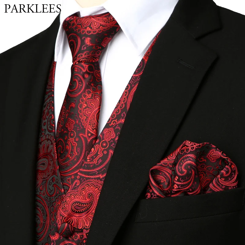 Luxury Wine Red 3pcs Paisley Waistcoat Vest Necktie Handkerchief Set 2019 Classic Jacquard Vest Men Formal Business Casual Vests
Luxury Wine Red 3pcs Paisley Waistcoat Vest Necktie Handkerchief Set 2019 Classic Jacquard Vest Men Formal Business Casual Vests