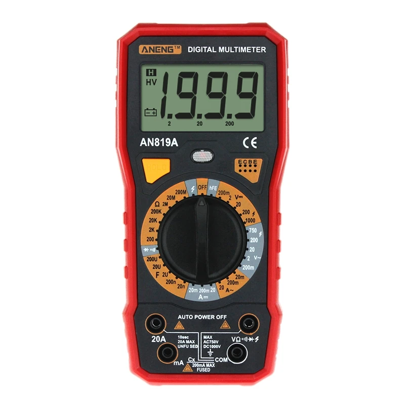 Aneng An819A Digital Multimeter Ac/Dc Voltage Ammeter Capacitance Resistance Triode Tester Current Meter + Crocodile Clips
Aneng An819A Digital Multimeter Ac/Dc Voltage Ammeter Capacitance Resistance Triode Tester Current Meter + Crocodile Clips