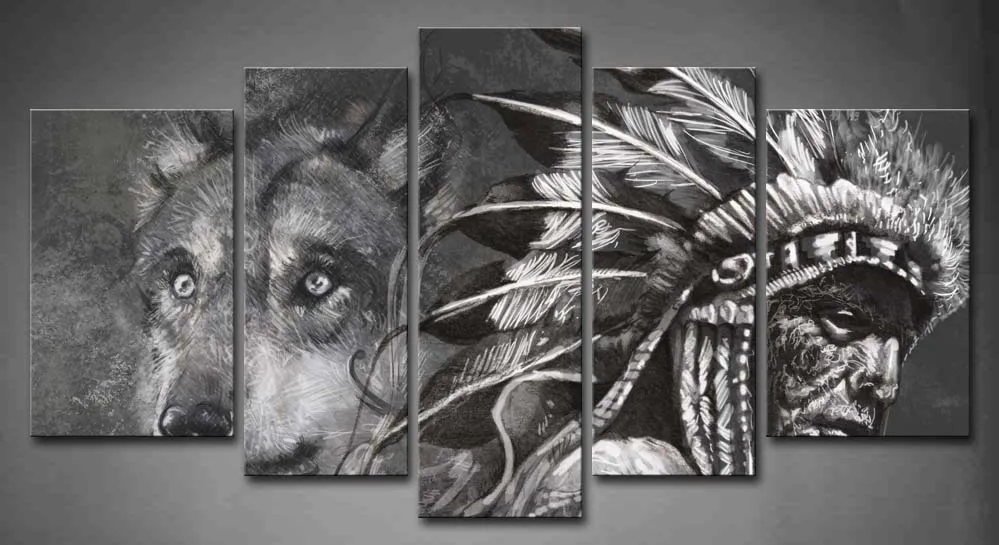 

5 Panels Unframed Wall Art Pictures Wolf Indians Canvas Print Artwork Modern Animal Posters For Living Room Decor