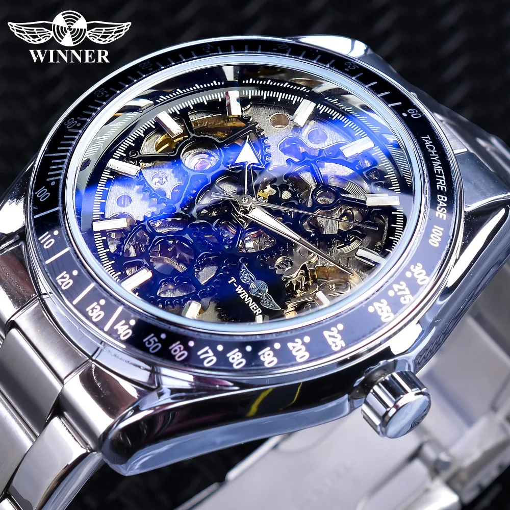 Часы Winner Blue Glass Gear прозрачные мужские автоматические наручные часы роскошные 3D