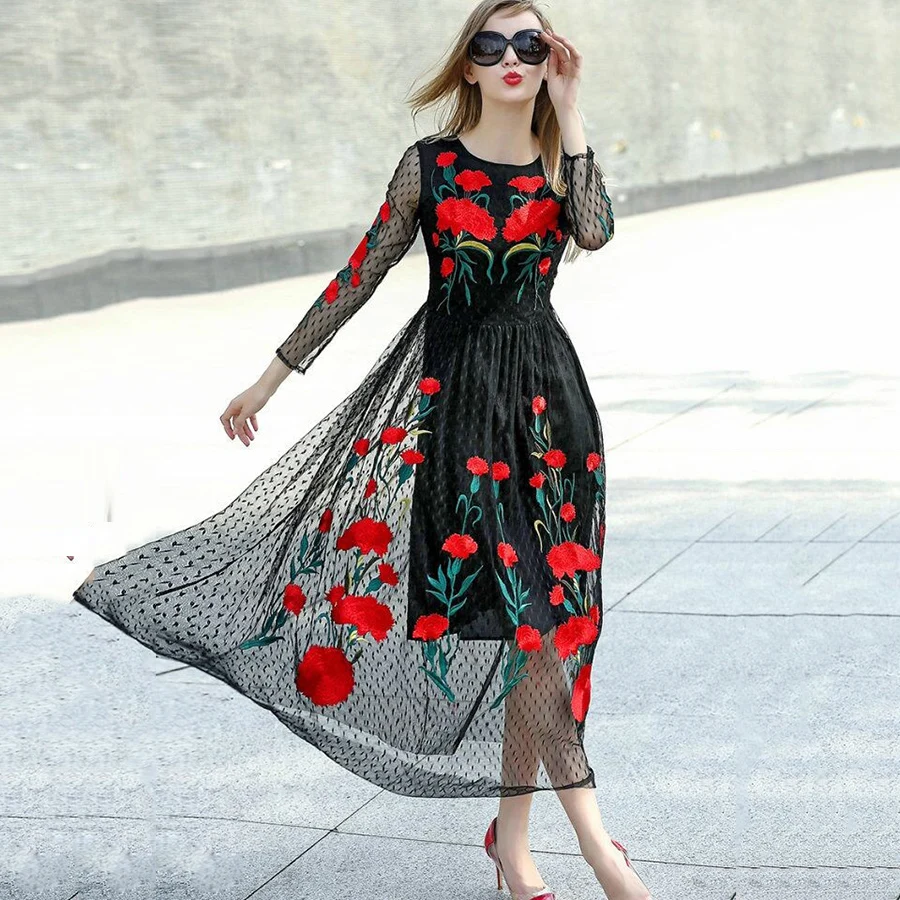 Casual Dresses 2018 Spring Summer Bohemian New Fashion Vintage Long Sleeve Sexy Mesh Carnation Embroidery Slim Black Long Dress
Casual Dresses 2018 Spring Summer Bohemian New Fashion Vintage Long Sleeve Sexy Mesh Carnation Embroidery Slim Black Long Dress